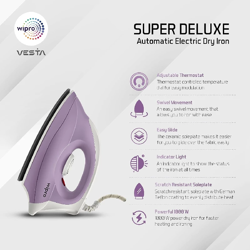 Wipro Super Deluxe 1000 Watts Electric Dry Iron, 565 g-2.webp
